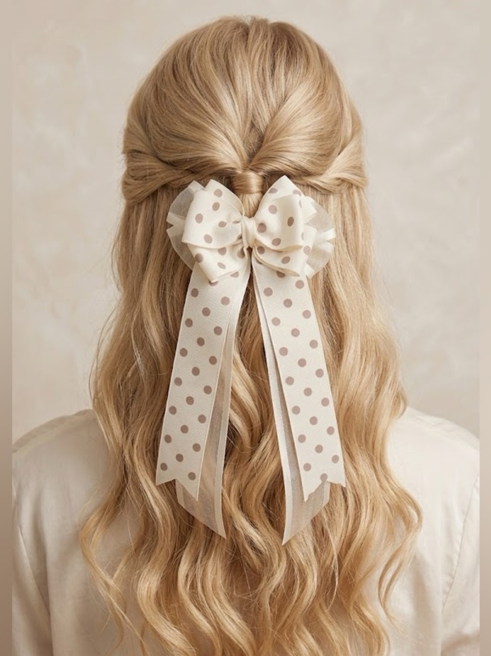 Hand crafted Polka Dot Cream Bow Hair Clip